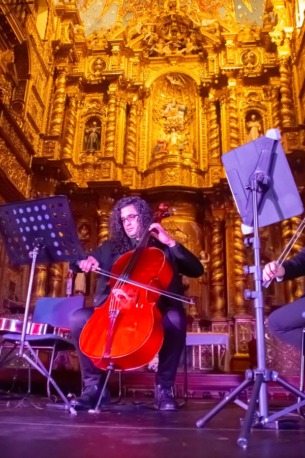 Cellist in black playing a red cello before an ornate gilded baroque church altarpiece