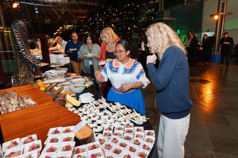 Guests at a gourmet dessert buffet arranged by a hostess in a traditional embroidered Andean blouse