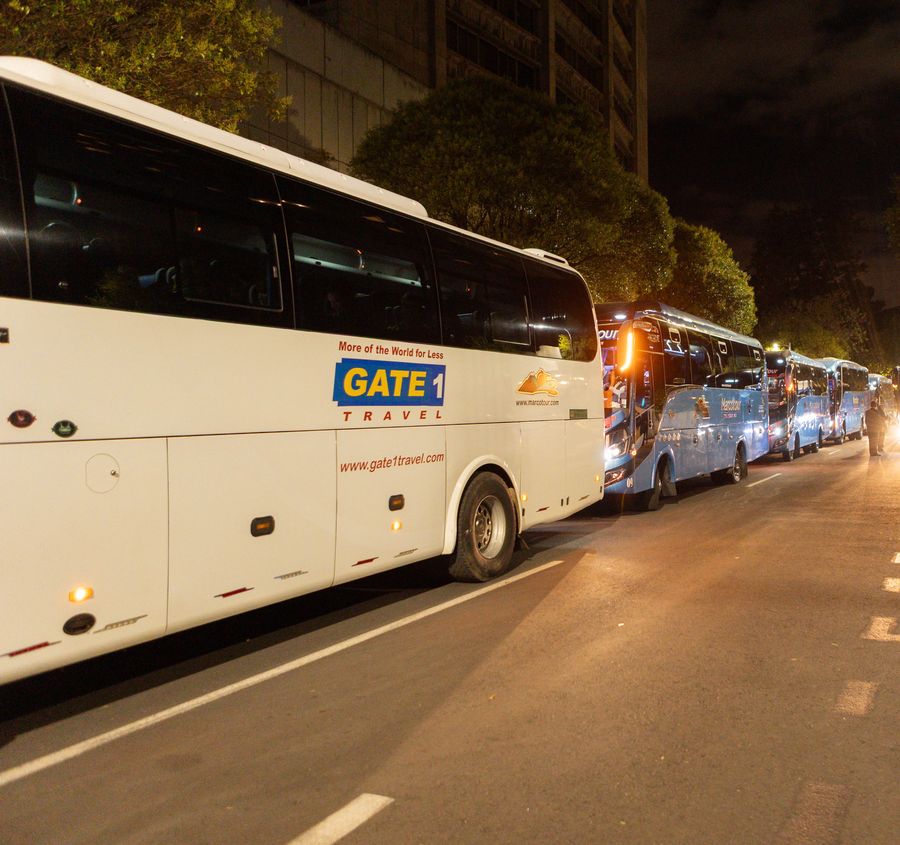 Column of tour buses lined up at night on a tree-lined city street, ready for event guests