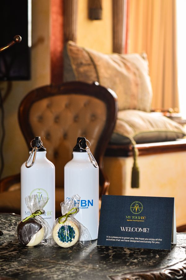 Welcome kit with branded water bottles, wrapped chocolates and a welcome card in an elegant hotel room